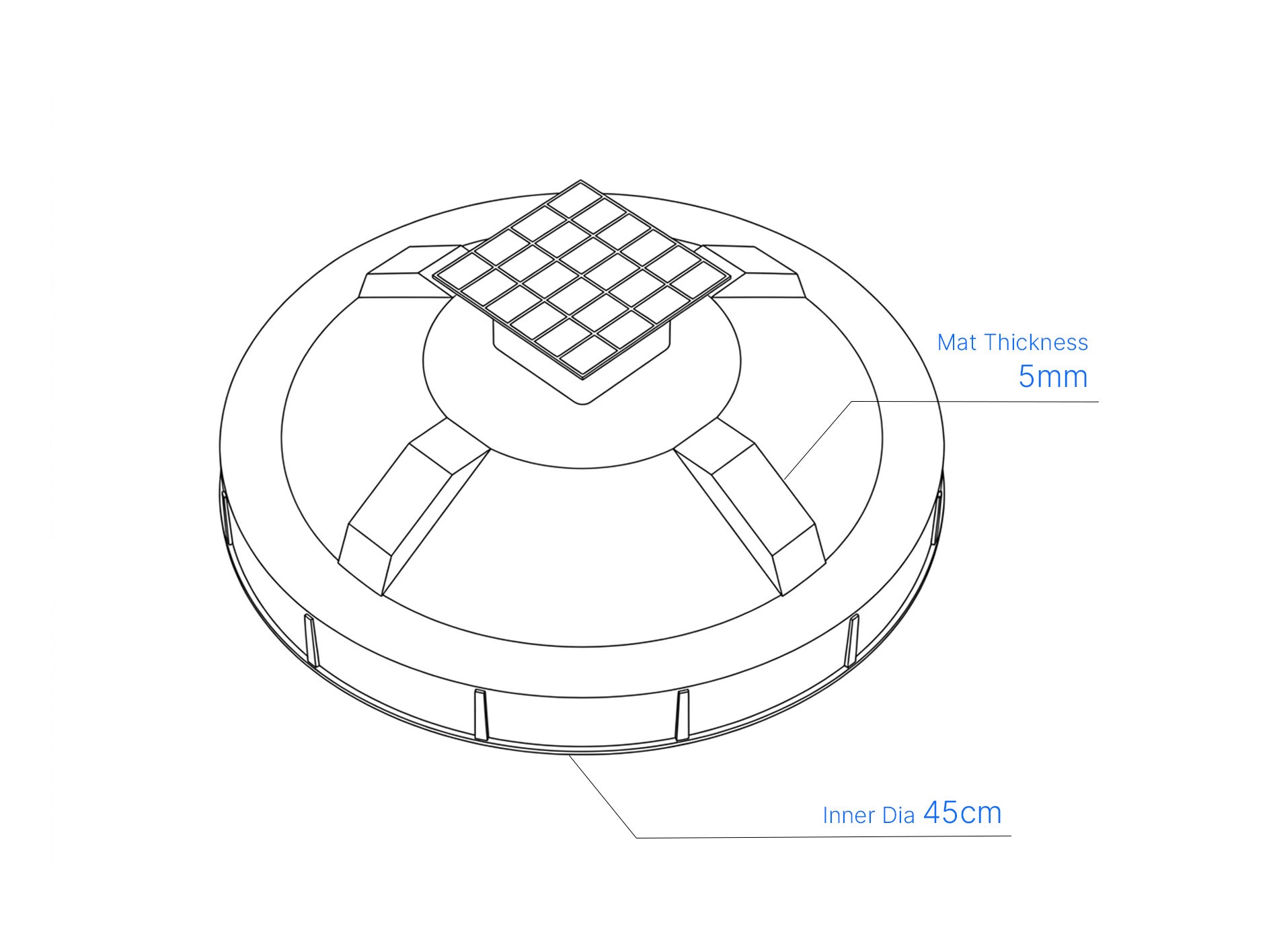 Covr Smart Lid - Technical drawing, 45cm inner diameter, 5mm mat thickness