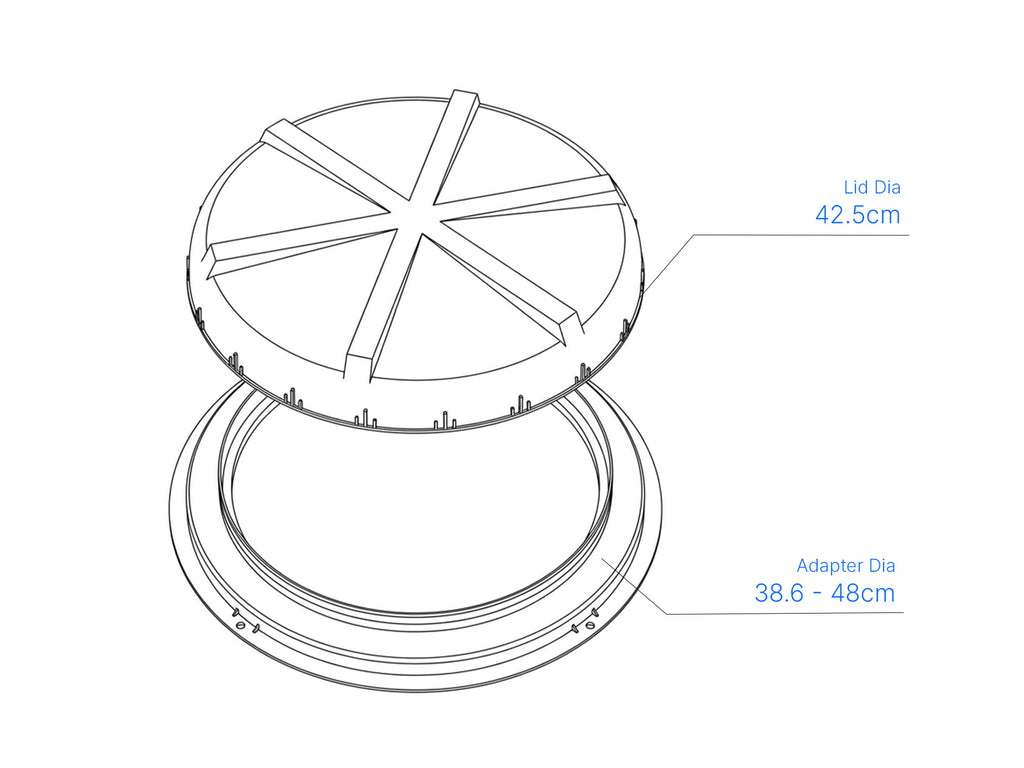 Covr Smart Lid Type 2 - Technical drawing, lid dia 42.5cm, adapter dia 38.6-48cm